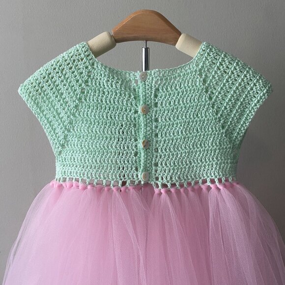 Handmade Children's Cotton Crochet Light Mint Green Pink Tulle Tutu Dress - Picture 13 of 14